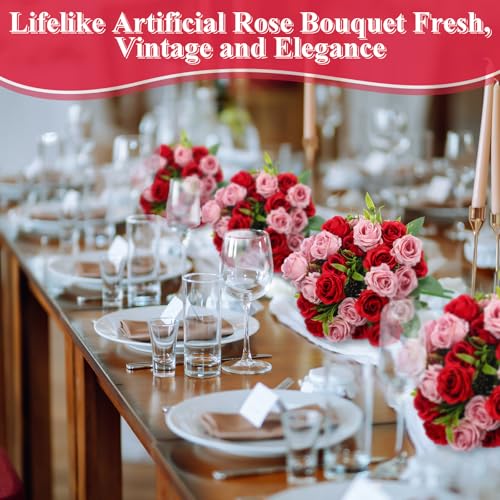 Zeyune 8 Pack Artificial Mini Red and Pink Roses, 12 Inch Fake Flowers with Stems, 80 Small 1.6 Inch Flower Heads, Silk Mini Rose Bouquets for Wedding Centerpieces, Bridal Bouquets, Home Party Decor - color: Red and Pink