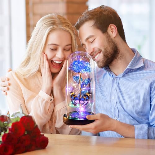 Mothers Day Rose Gifts for Mom Birthday Gift for Women, Rechargeable Galaxy Glass Rose in Glass Dome Crystal Eternal Roses Butterfly Mother's Day Flowers Gifts for Women Mom Wife Grandma Daughter Blue - color: USB-C Blue