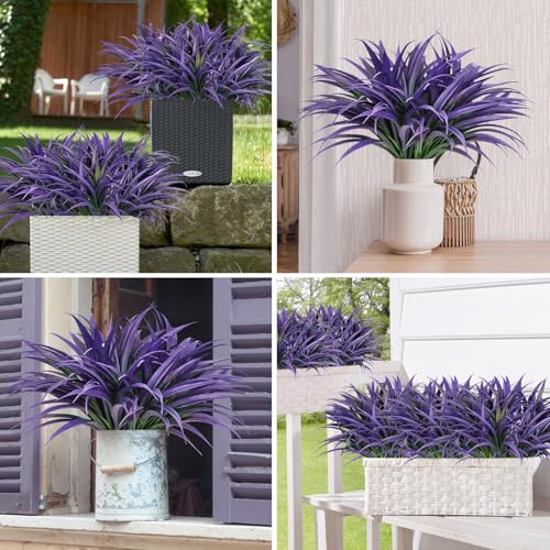 Ouddy Decor 20 Pcs Fake Outdoor Plants Artificial Grass Greenery Stems Faux Plastic Plants UV Resistant for Spring Summer Indoor Outside Garden Hanging Planter Porch Window Box Home Decor, Purple - color: Purple