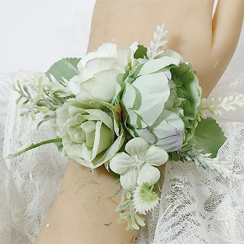MAFELOE 2 Pieces Artificial Wrist Corsage and Boutonniere Set, Groom Groomsmen Bride Bridesmaids Wedding Flowers Accessories Prom Party Suit Decorations - Light Green - color: Green