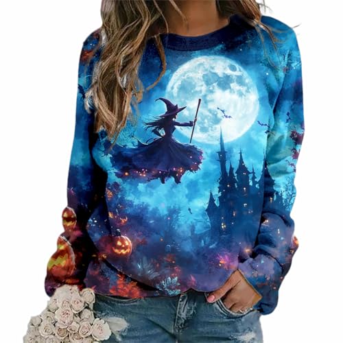 MARSVOVO Witch Sweatshirts For Women Novelty Halloween Witch Print Spooky Season Fashion Party Long Sleeve Fall Tops - color: A Blue, size: Medium