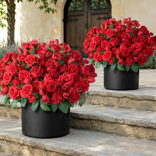 Juxdp 2 Set of Artificial Rose Topiary Trees - Faux Silk Flower Potted Plant, UV Resistant Fake Outdoor Rose Bush for Front Door, Farmhouse, Porch, Garden Decor (Red) - color: Red