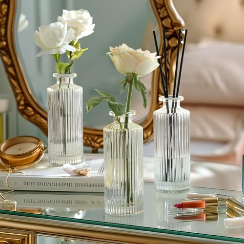 ComSaf Glass Bud Vases Set of 3, Small Flower Vases in Bulk, Mini Ribbed Vases for Centerpieces, Clear Vintage Vase for Table Decorations, Wedding, Party, Receptions, Home Decor (Different Sizes) - size: 3Pcs