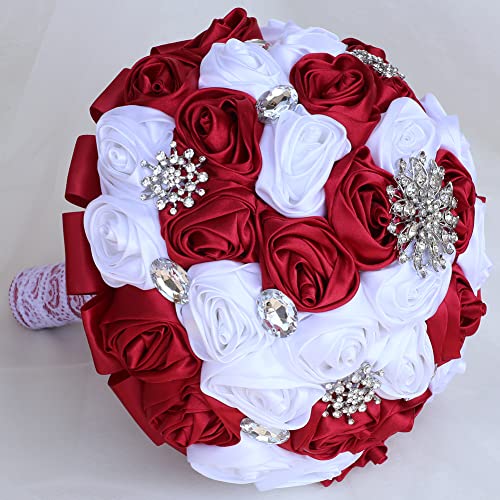 5.9" Mini Bridal Bouquet Handmade Satin Rose Round Wedding Bouquet Throw Toss Artificial Flower Bunch Dark Red + White - color: Dark Red/White, size: 5.9"/15cm