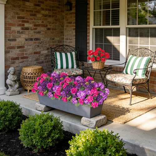 Ammyoo Artificial Geranium Flowers for Outdoors Decoration, 6 Pcs Fake Silk Geraniums Flower UV Resistant Look Real Faux Plants for Spring Garden Porch Planter Yard Table Centerpieces Decor - color: A-purple Deep Purple Purple-red