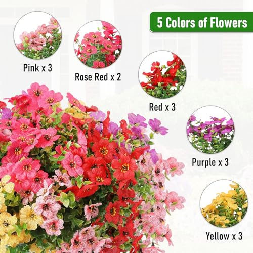 Powbrace Artificial Flowers Outdoor Fake Plants, Faux Silk Flowers Plastic Plants for Outdoors Indoor Outside Front Porch Hanging Planter Window Box Garden Home Spring Decoration, 14 Pack (Mix) - color: Mix, size: 14 Bundles(Upgrade)