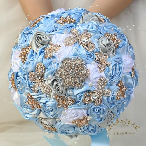 Handmade Wedding Flowers Bouquet Round Holding Bridal Bouquet Artificial Satin Roses Bunch for Bride Bridesmaid Wedding Quinceanera - color: Light Blue, Silver & White, size: Medium (Dia. 8.7"/22cm)