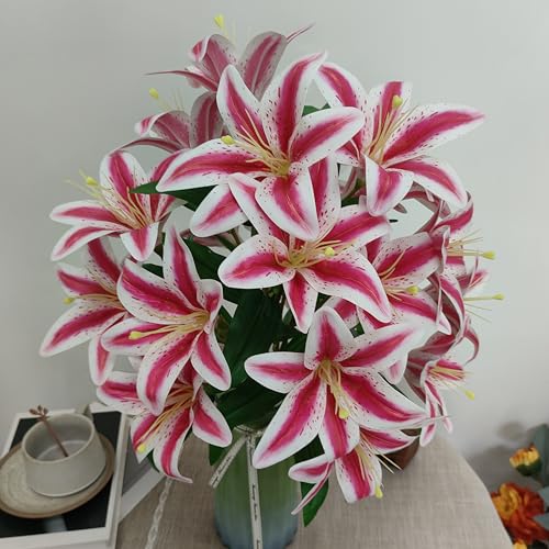 Artificial Pink Lilies Flowers,10Pcs Faux Lily Flower,20''Tiger Lily Branch with 2 Full Blooms, Faux Fake Lilies Plants for Wedding Bouquet Home Party Indoor Floral Arrangements (10, Pink) - color: Pink
