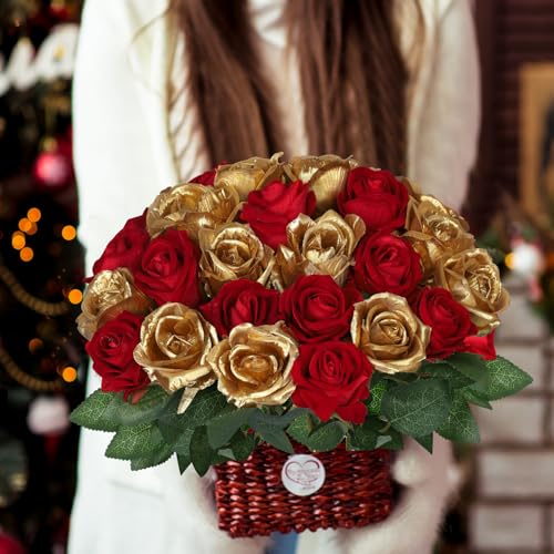 30pcs Fake Roses Artificial Silk Flowers Long Stems Bouquet for Wedding Bridal Shower Party Home Decoration (Burgundy + Gold) - color: Burgundy + Gold