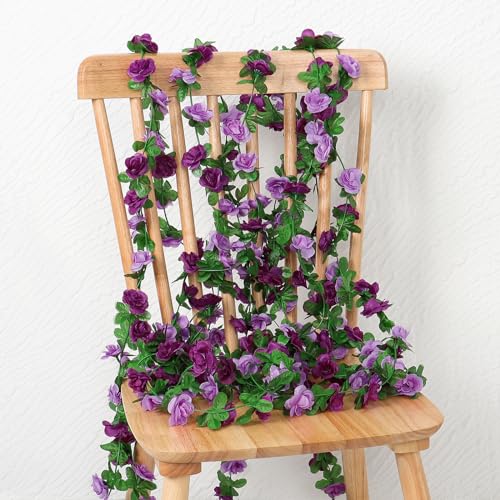 KHOYIME 5 Pack 40 FT Artificial Flower Garland, Fake Purple Roses Vines Silk Flowers Faux Plastic Outdoor Hanging Floral Ivy Garland Decoration for Wedding Arch Bedroom Home Wall Backdrop Room Decor - color: Purple, size: 5pcs