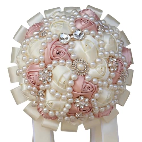 Blush Pink Bridal Wedding Bouquet with Rhinestone Brooch Pearl for Bride Bridesmaid Quinceanera Satin Rose Flower Bouquet Wedding Blush Pink and Ivory 8.3in - color: #2 Blush & Ivory, size: Diameter: 8.3 inches