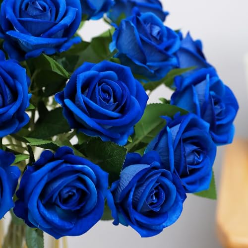 Hawesome Fake Roses Artificial Silk Flowers - 12 Pcs Blue Roses Artificial Faux Flowers with Stems for Home Wedding Centerpiece Hotel Office Decor - color: Blue
