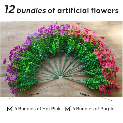 Artificial Flowers for Outdoors, Fake Faux Plants Outside Realistic Spring Summer Decor, UV Resistant Silk Flowers for Home Porch Garden (12, Purple Hot Pink) - color: Purple Hot Pink