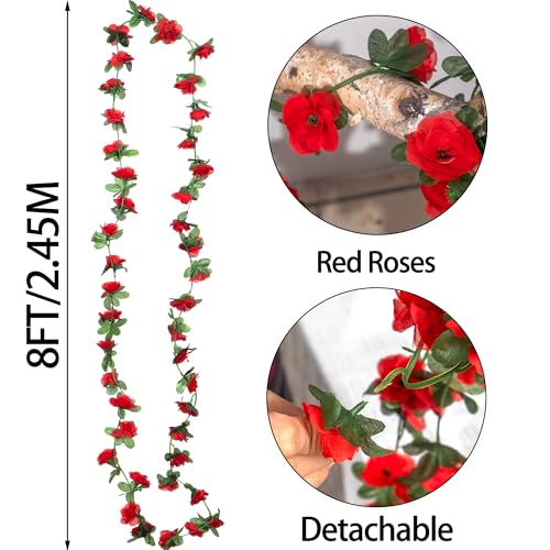 BSMYBO 10 Pcs 82 FT Artificial Red Flower Garland, Fake Hanging Flower Vines Wine Red Rose with Green Leaves, Faux Silk Flower for Backdrop Decoration Tea Party Wedding Birthday Anniversary Bedroom - color: Wine Red, size: 10pcs