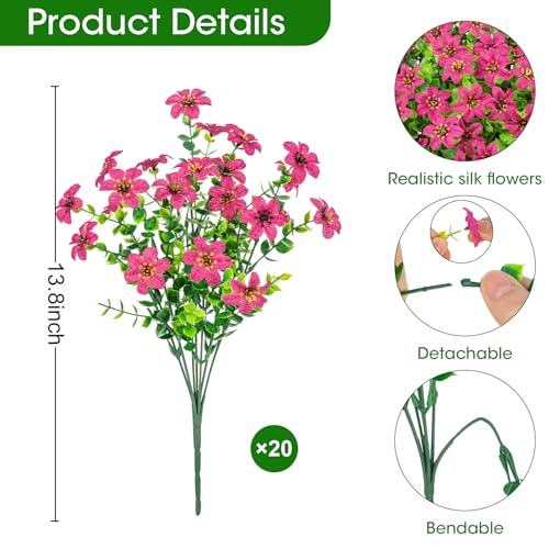 20 Bundles Artificial Flowers for Outdoors, Fake Silk Flowers UV Resistant Faux Realistic Plastic Plants for Spring Summer Porch Patio Garden Planter Window Box Home Decor, Fuchsia - color: Fuchsia