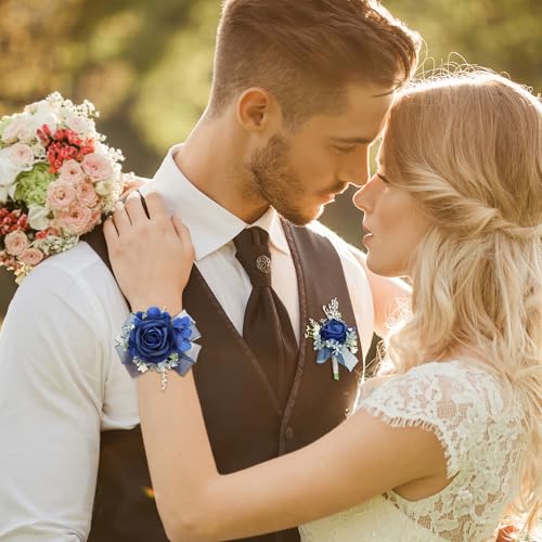 Corsage Wristlet and Boutonniere Set Blue Wrist Corsage Double Pearl Bracelets Blue Pocket Boutonniere for Men Wedding Prom Party Suit Decor (2 Pack) - color: Blue Corsage - Double-cain