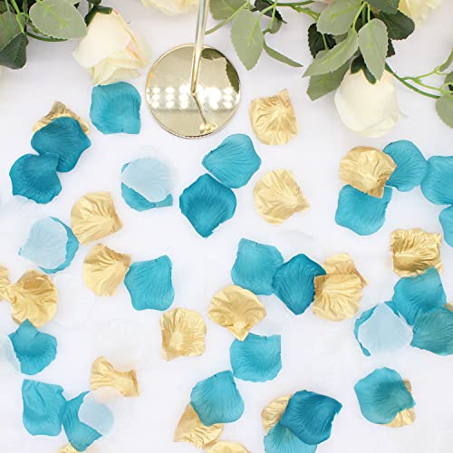 2NDTONONE 900PCS Teal Gold White Silk Rose Petals Turquoise Aqua Artificial Flower Petals for Wedding Party Table Confetti Aisle Runner Flower Girl Bridal Shower Hotel Home Vase Decoration