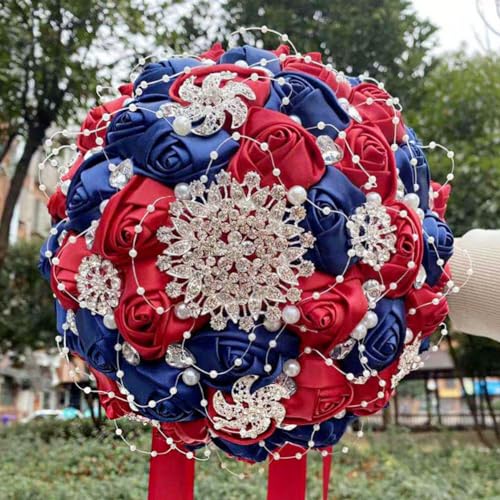 Bridal Wedding Bouquet with Silver Rhinestones Brooch Pearl Bouquet for Bride Bridesmaid Quinceanera Artificial Satin Rose Flower Bouquet Wedding Burgundy and Navy Blue 7.1in - color: Burgundy & Navy, size: Diameter: 7.1 inches