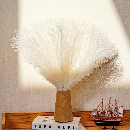 10 Stems White Pampas Grass Fluffy - 17.7" Faux Pampas Grass Decor Small Fluffy Pompas Floral Arrangement and Vase Filler for Boho Home Wedding Mothers Day Decoration - color: White