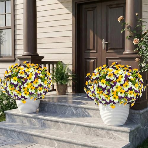lovemoon 16 Pcs Artificial Pansy Flowers for Outdoor Faux Silk Spring Flowers for Outside, Realistic Pansies for Window Box, Planter, Front Door, Porch and Garden Home Decor(16, Yellow,White,Purple) - color: Yellow,white,purple