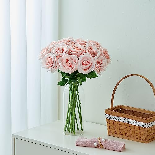 15pcs Blush Roses Artificial Flowers Silk Fake Flowers Realistic Pink Roses Bouquet Long Stemink for Wedding Home Party Birthday Decoration - color: Bush