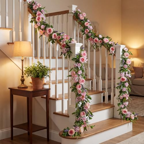 Giegxin 1 Pack 6 ft Artificial Flower Garland with Rose and Daisy Flower Pink Fake Wisteria Vines Summer Greenery Eucalyptus Garland for Wedding Mantle Porch Stair Table Indoor Decor - style: Rose