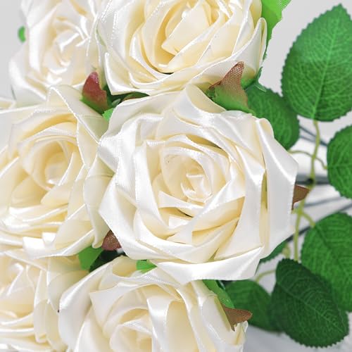 Easy DIY Everlasting Flower Set: 100 Pre-Made Satin Rose Petals for Creating Custom Bouquets for All Special Occasions,Premade Satin Ribbon Rose Petals Half-Finished(Beige) - color: 100 Pcs Beige