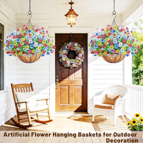 2 Pack Artfiticial Hanging Flowers Baskets for Outdoors, UV Resistant Faux Hanging Plants, 24 Pcs Fake Silk Flowers for Patio Garden Front Porch Balcony Decor (Red White Blue Yellow) - color: Red White Blue Yellow