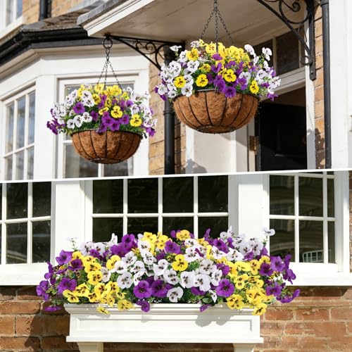 Artificial Pansies Flowers for Outdoor Faux Flower Spring Summer Decor, 12 Bundles Realistic Fake Silk Flowers Outside UV Resistant for Porch Patio Garden Home Yard Window Planter Purple Yellow White - color: Purple Yellow White