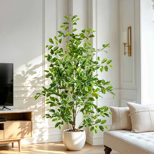 Bailikang Artificial Ficus Tree Indoor 4ft, Large Potted Faux Tree with Realistic Silk Leaves & Trunk for Home Office, Living Room Corner Decor - color: White Green, size: 4ft