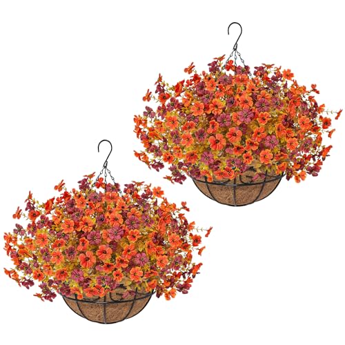 2 Pack Fall Artificial Hanging Flowers Baskets for Outdoors, UV Resistant Fake Fall Hanging Plants, Faux Orange Flowers for Autumn Patio Front Porch Balcony Decor (Orange Red) - color: Orange Red
