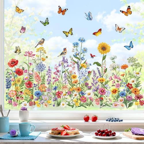 decalmile Spring Summer Garden Flower Double Sided Window Clings Wildflower Butterfly Plants Anti-Collision Glass Doors Window Stickers Decals - color: Garden Flower
