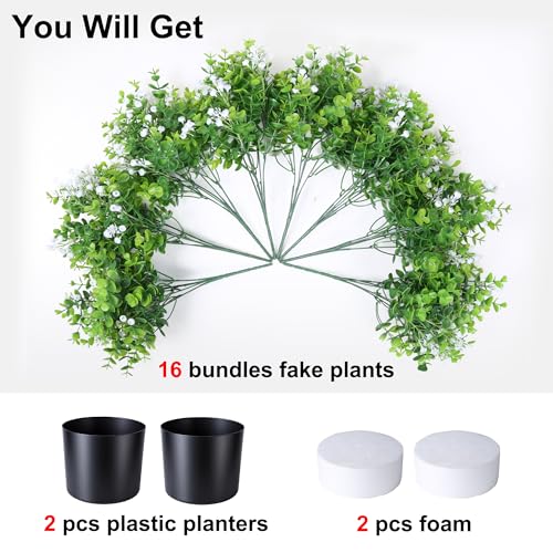 Fake Plants Artificial Flowers for Outdoors Decor, 2 Pack Fake Potted Plants Baby Breath With Green Eucalyptus Look Real UV Resistant Artificial Greenery with Pot for Outside Porch Garden Patio Yard - color: Green - Baby Breath