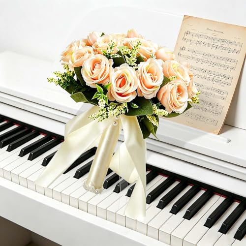 CYANLUX Wedding Bouquets for Bride Bridesmaid Bouquet Champagne White Artificial Roses Flowers for Wedding Valentine's Day Church Home Decoration (1#Champagne)… - color: 1#champagne