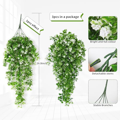 SJL Artificial Hanging Plants Fake Vine Faux Greenery Outdoor UV Resistant Plastic Plants Artificial Plant Outdoors Fake Hanging Vine 3Pcs for Indoor Outdoor Home Garden Wedding Party Decor (White) - color: Hanging White Rose