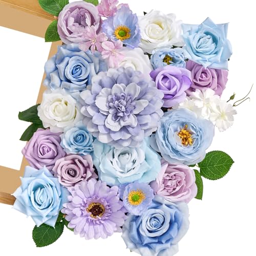 Serwalin Artificial Blue & Purple Flowers, Silk Fake Flowers for DIY Wedding Bouquets Cake Flowers, Table Centerpieces Baby Shower Birthday Party Home Decorations - color: Blue & Purple, size: Grand