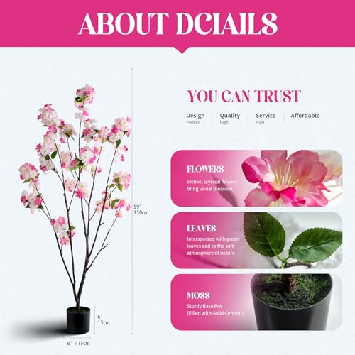 Ttranewsoo Fake Tree Cherry Blossom Tree 59In Artificial Cherry Blossom Tree Tall Fake Plant Faux Trees Indoor Artificial Trees for Home Decor Indoor Applies to Living Room Bedroom Balcony (Pink Rose) - color: 1.5m Pink Rose