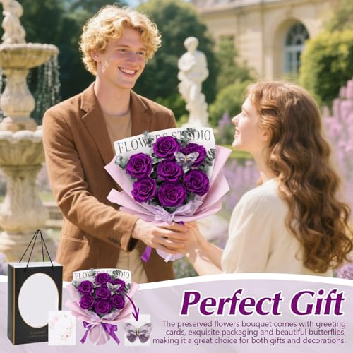 Casaido Preserved Flowers for Delivery, 7 Purple Roses Bouquet, Mothers Day Rose Gifts for Women, Valentines Rose Gifts for Mom Wife Girlfriend, Forever Real Flowers for Christmas Birthday Anniversary - color: Purple Rose