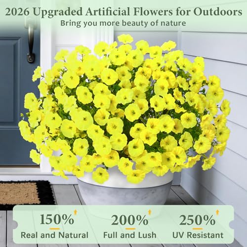 Yastouay Artificial Flowers for Outdoors, 26 Bundles Fake Outdoor Flowers, UV Resistant Artificial Plants & Flowers for Decoration, Yellow Realistic Morning Glory for Outdoor Porch Garden Decoration - color: Yellow, size: 26 Bundles