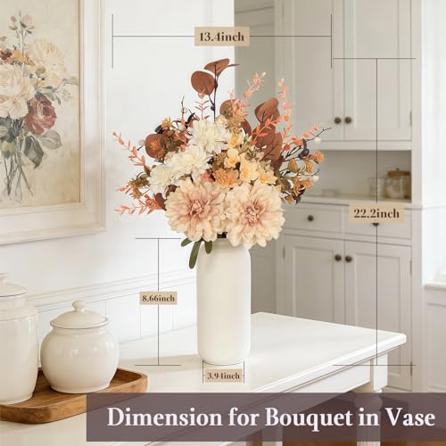 Artificial Fall Flowers Bouquet in Ceramic Vase, Faux Brown Flower Centerpieces for Coffee Table Decorations, Fake Silk Floral Arrangements for Thanksgiving Living Dining Room Bedroom Decor - color: Brown + Big