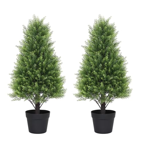 Artificial Cedar Topiary Trees Set of 2, 30'' UV Resistant Faux Cypress Pine Plants Outdoor, 2.5ft Large Realistic Faux Evergreen Cone Bushes & Shrubs for Front Porch Planter Christmas Decor - color: Cedar Green, size: 30in