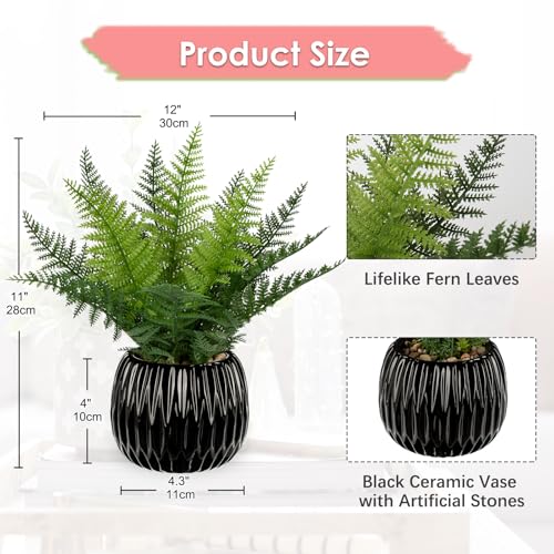 DILATATA Faux Plant Indoor in Ceramic Pot 11" Artificial Potted Fern Fake House Plants for Desk Office Bathroom Garden Decoration - Black