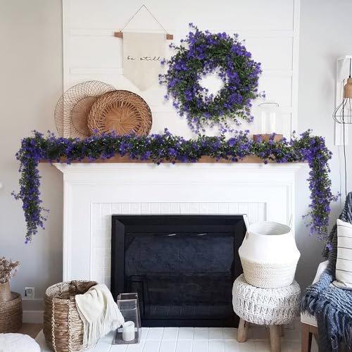 RECUTMS Fake Hanging Eucalyptus Garlands Artificial Vines Plants Eucalyptus Leaves with Flowers Greenery Spring Floral Garland for Home Wedding Wall Arch Party Decoration(Purple) - color: Purple