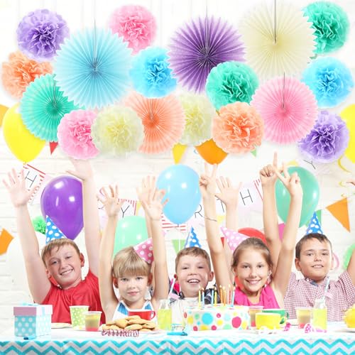 Kosiz 18 Pcs Pastel Rainbow Party Decorations Pastel Paper Fans 3D Floral Tissue Pom Poms Pink Hanging Paper Flowers Garland Classroom Home Wall Decor Birthday Baby Shower Bridal Wedding Supplies - color: Multicolor