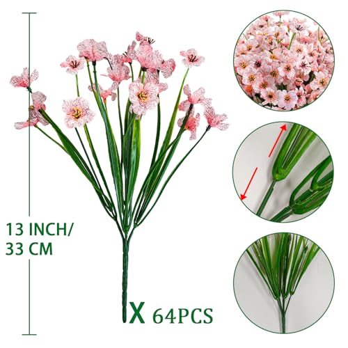 Krissing 48 Bundles Outdoor Artificial Flowers UV Resistant Fake Silk Flowers Faux Plastic Plants Outside Garden Porch Window Box Summer Decoration (Pink) - color: Pink