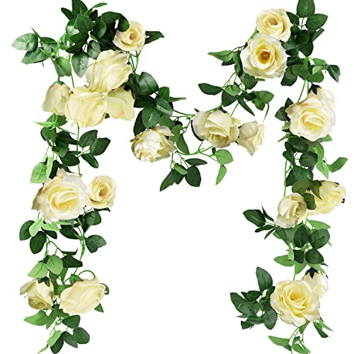 FiveSeasonStuff 29 Ft 4 Pack Rose Silk Flower Garland Artificial Flowers Decoration Hanging Floral Décor for Wedding Baby Shower Birthday Party Garden (Cream White) - color: Cream White