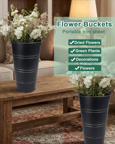 12 Inch Galvanized Metal Vases for Flowers - 6 Pcs Farmhouse Decorative Tall Flower Bucket with Handles, Rustic French Tin Planter Buckets for Wedding Decor (Black) - color: Black