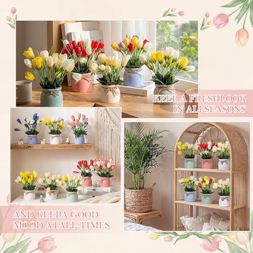 Suncalla Set of 12 Artificial Flower Tulip in Vase 8.66 Inches Floral Decor Spring Faux Tulip with Pots Fake Flower Centerpieces for Tables Home Bathroom Office Wedding Farmhouse Decoration - style: Tulip