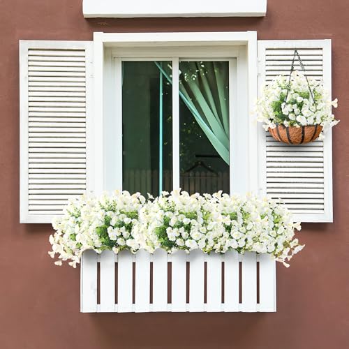 Artificial Flowers for Outdoors 12 Bundles Realistic Faux Plants UV Resistant Fake Silk Morning Glory with Eucalyptus for Front Door Planter Patio Porch Outside Spring Summer Decoration (White) - color: White