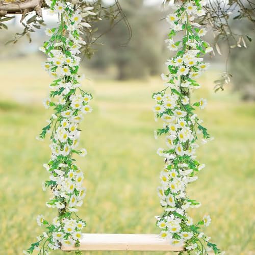 CISDUEO Artificial Daisy Flowers Vine Silk Wildflower Garland Spring Fake Flower Vine Hanging Ivy White Daisy Flowers Green Leaves for Wall Party Wedding Arch Floral Decor Home Indoor Outdoor Ceremony - color: White